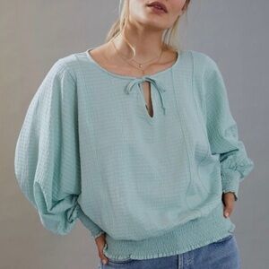Anthropologie Rebecca Long Sleeve Smocked Waist Peasant Top Mint Green Size S